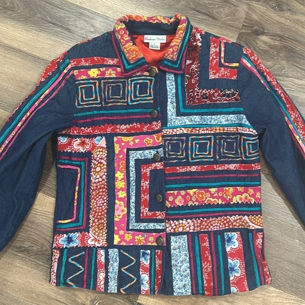 Madison Studio embroidered jacket 100% Cotton button up multicolor look size S - Picture 2 of 16